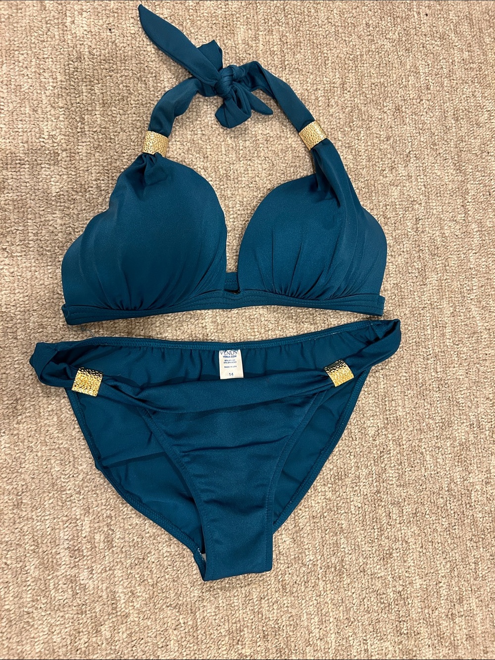 Beautiful VENUS Teal Halter Bikini with Gold Accents and halter push up top